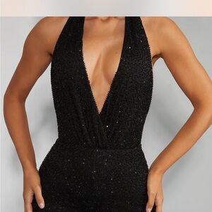 Oh Polly Black Beaded Halter Jumpsuit/Romper